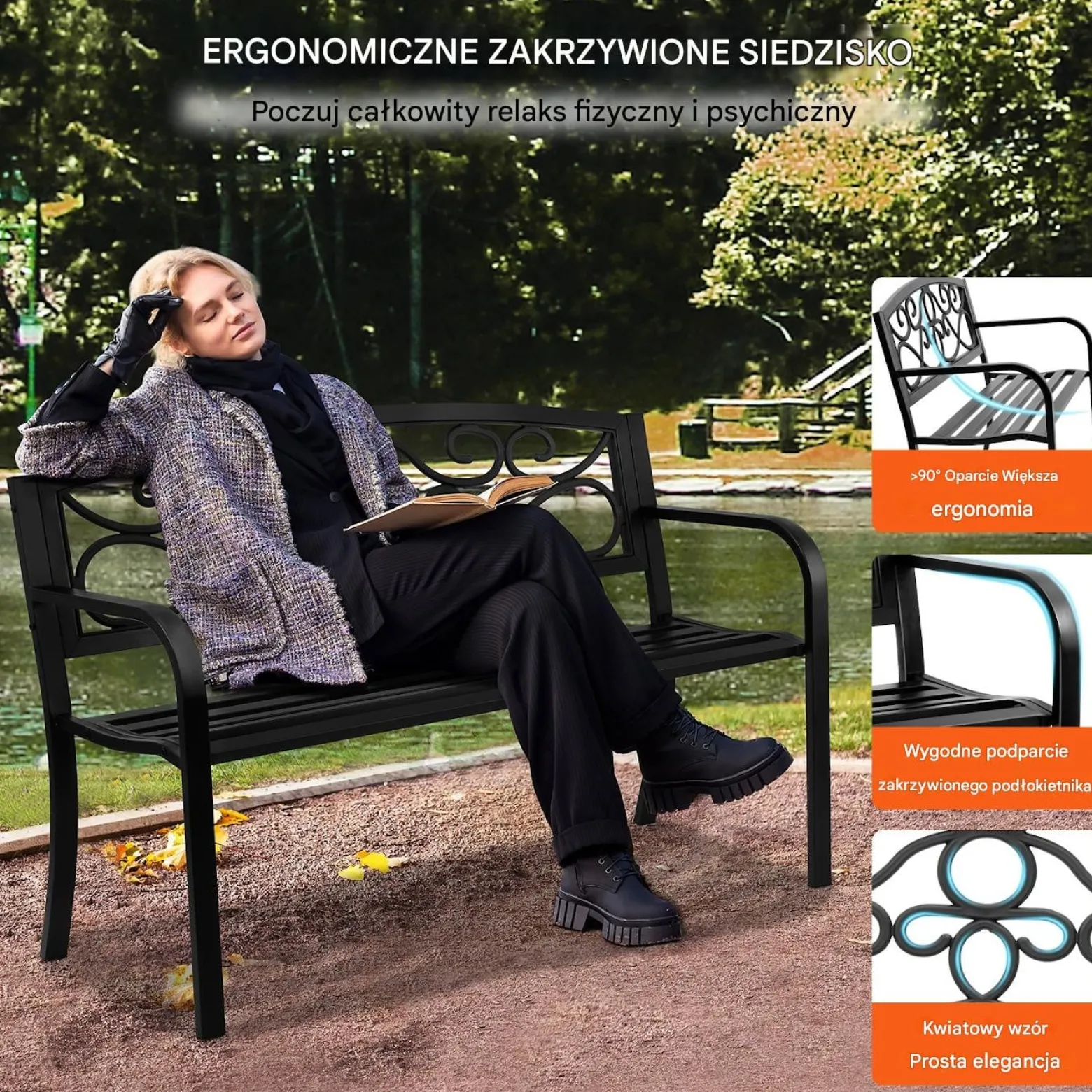 Ławka ogrodowa 127 cm - metalowa 250 kg - z oparciem i podłokietnikami