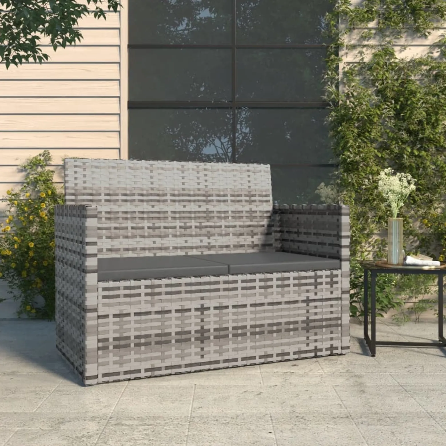 Ławka ogrodowa z poduszkami, szara, 105 cm, polirattan