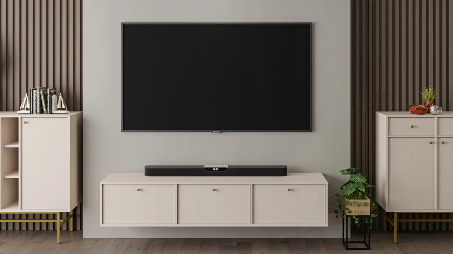 Beżowa SZAFKA RTV 180 cm AVILA Wisząca Złote Uchwyty METAL