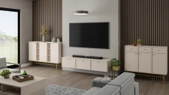 Beżowa SZAFKA RTV 180 cm AVILA Wisząca Złote Uchwyty METAL