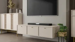 Beżowa SZAFKA RTV 180 cm AVILA Wisząca Złote Uchwyty METAL