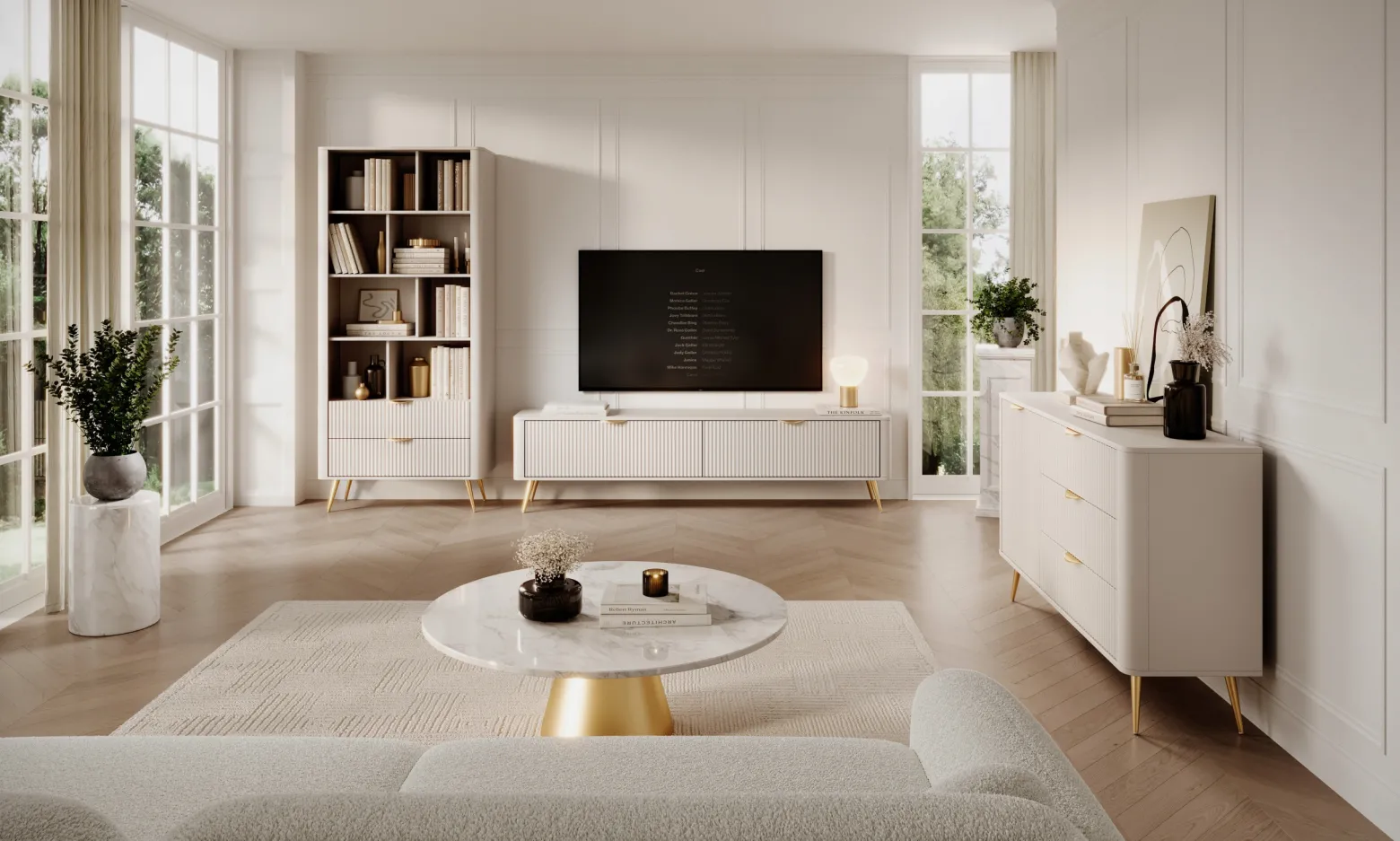 Beżowe łóżko LANTE 160x200 tapicerowane wezgłowie stelaż drewniany glamour