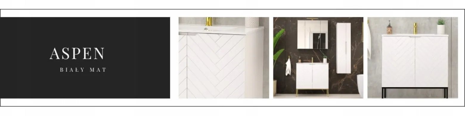 Biała ryflowana szafka z umywalką i blatem 60 cm ASPEN-09-BM złoty stelaż
