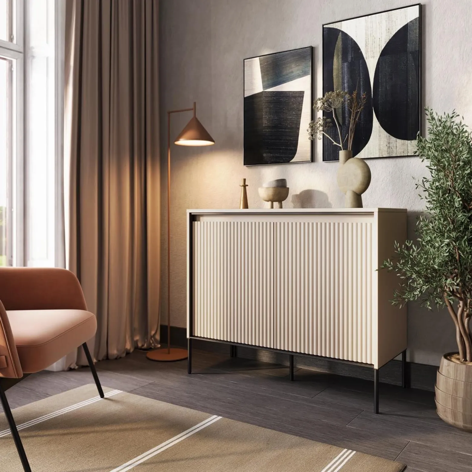 Biała ryflowana komoda do nowoczesnego salonu FLORES