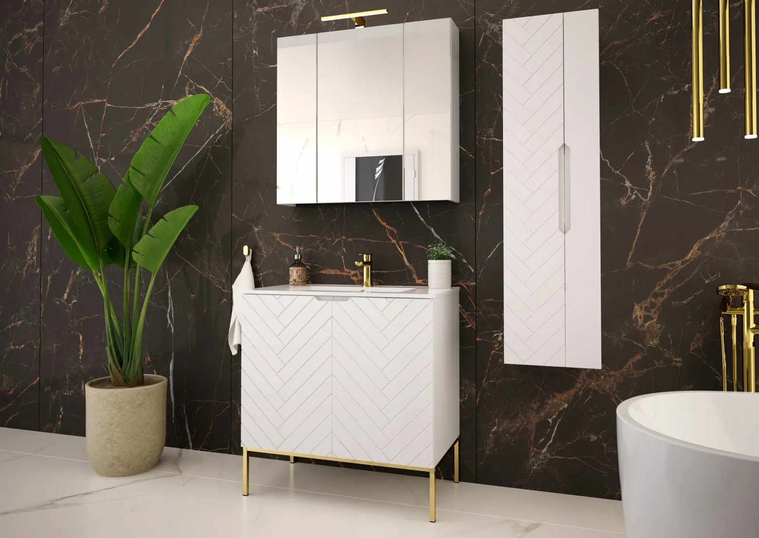 Biała ryflowana szafka z umywalką 80 cm ASPEN-08-BM złoty stelaż