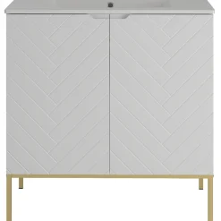 Biała ryflowana szafka z umywalką 80 cm ASPEN-08-BM złoty stelaż