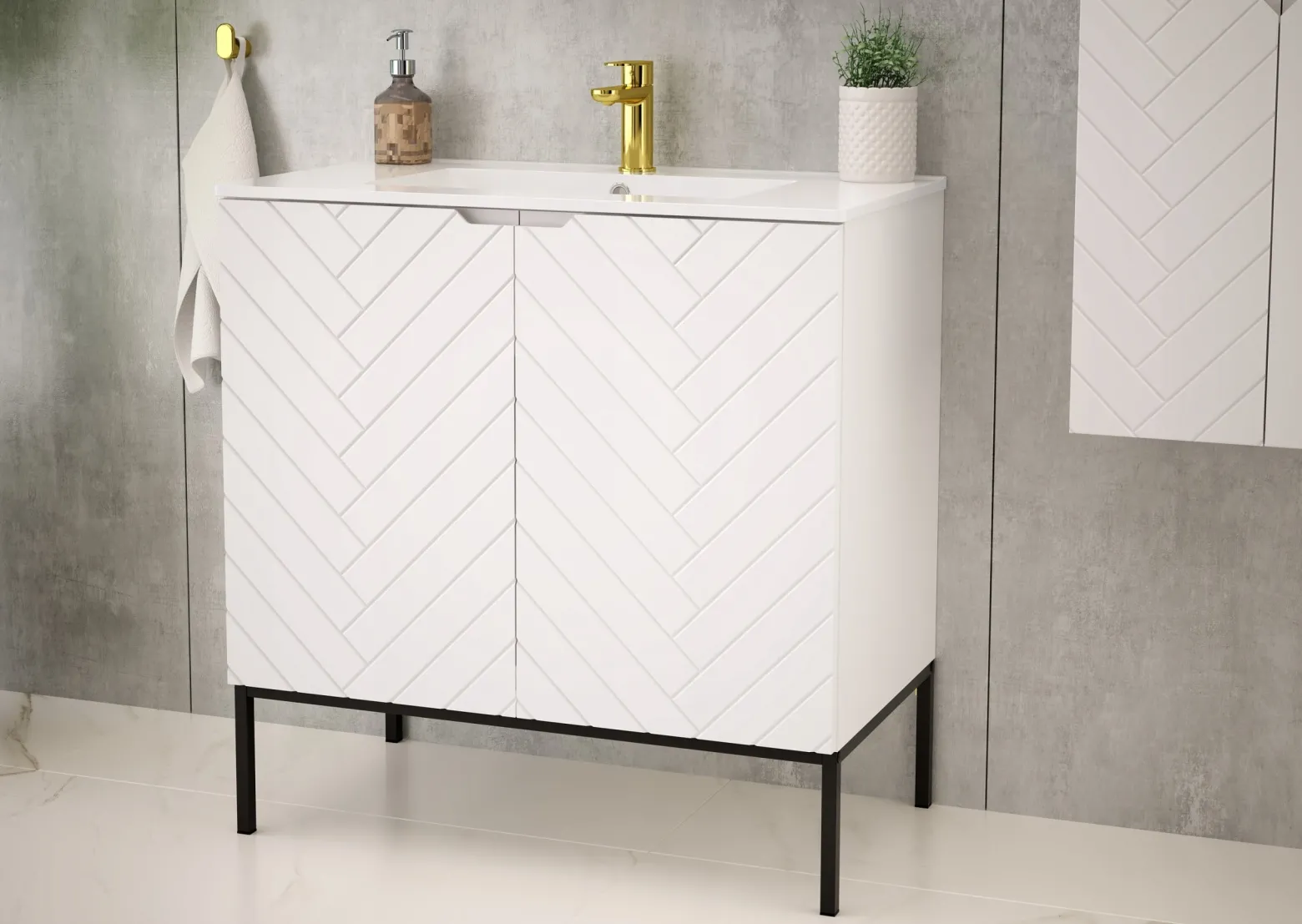 Biała ryflowana szafka z umywalką 80 cm ASPEN-08-BM czarny stelaż