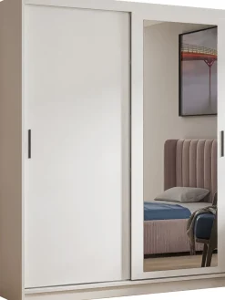 Biała szafa przesuwna z półkami i drążkiem 100 cm HARON
