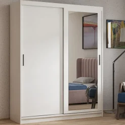 Biała szafa przesuwna z półkami i drążkiem 100 cm HARON