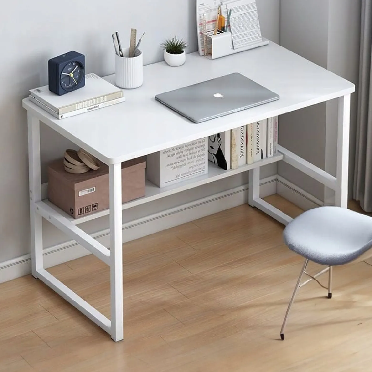 Białe biurko komputerowe nowoczesne loft z półką 100 cm