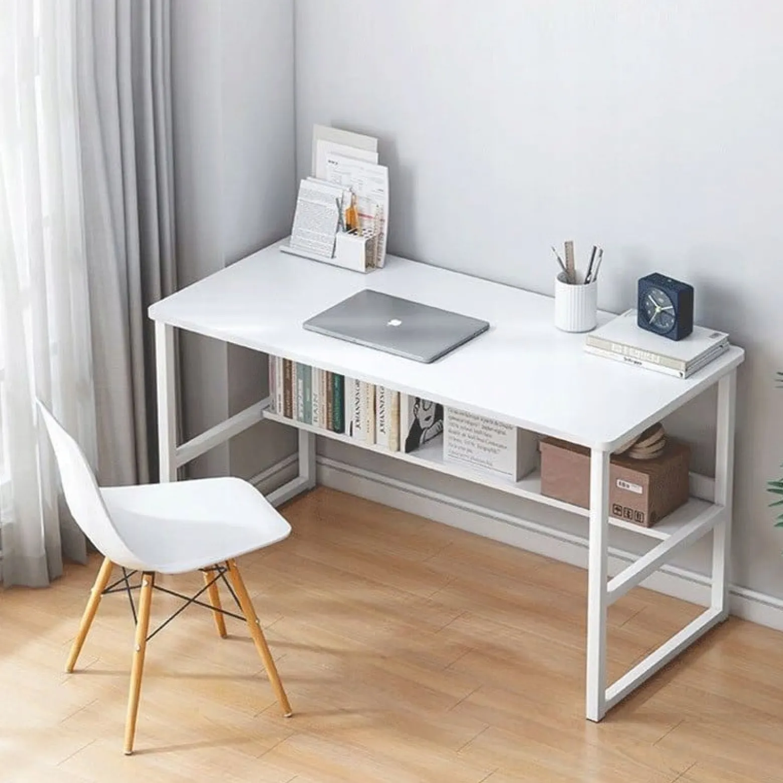 Białe biurko komputerowe nowoczesne loft z półką 100 cm