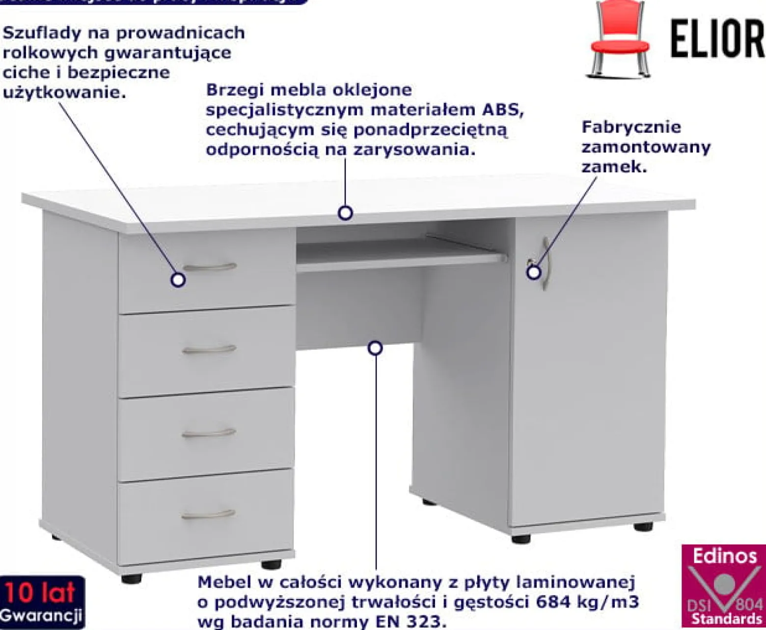 Białe biurko komputerowe z zamkiem - Zelo