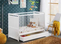 Białe Łóżeczko Dziecięce Drewniane z Szufladą i Materacem DREAM PLUS