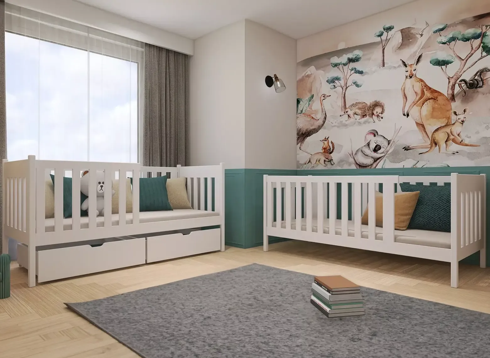 Białe niskie łóżko piętrowe z wysokimi barierkami DAWID 80x160 ze stelażem
