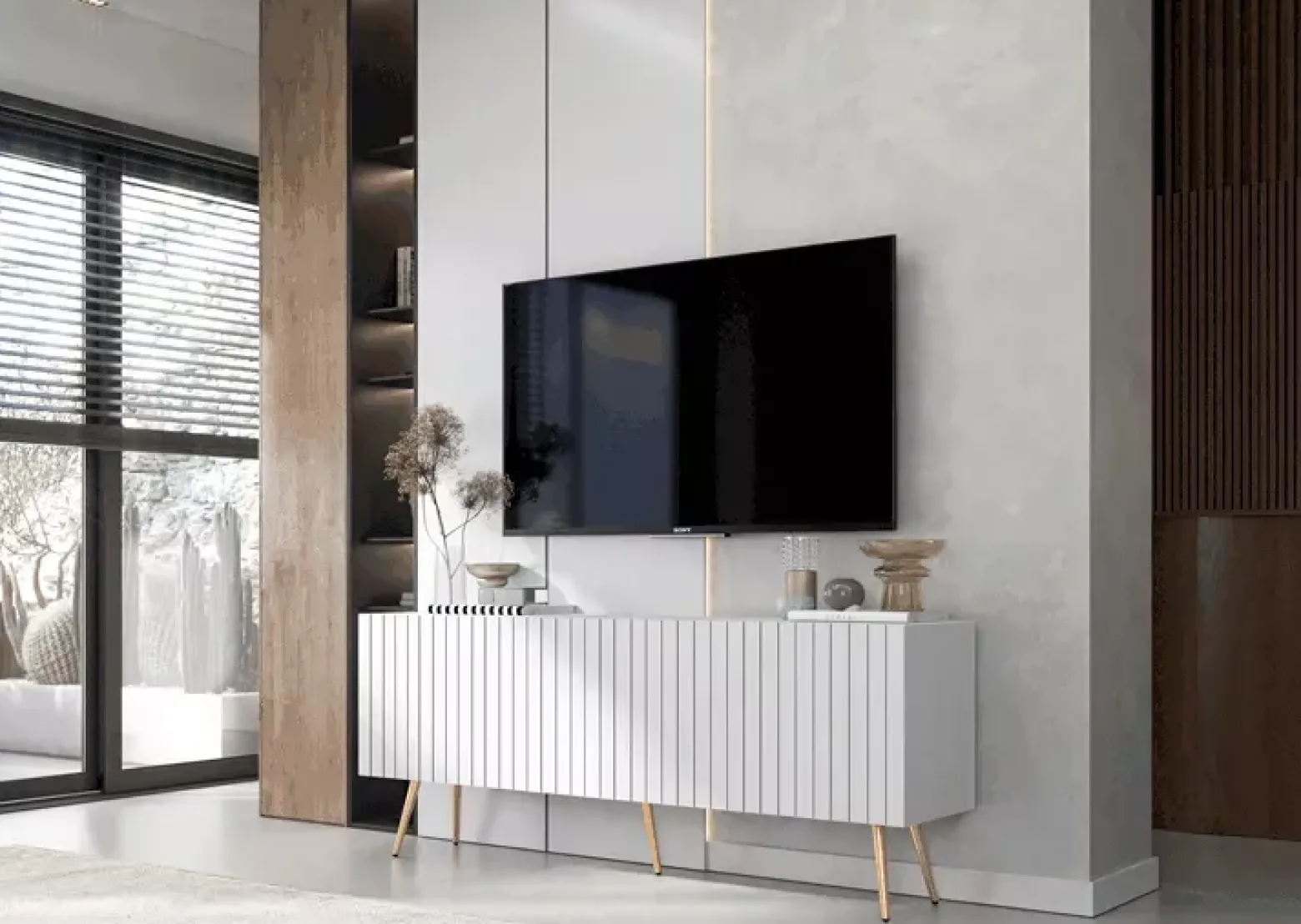 Biały stolik pod TV na złotych nóżkach - Lueno