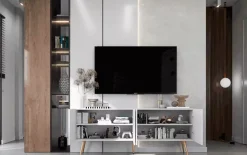 Biały stolik pod TV na złotych nóżkach - Lueno