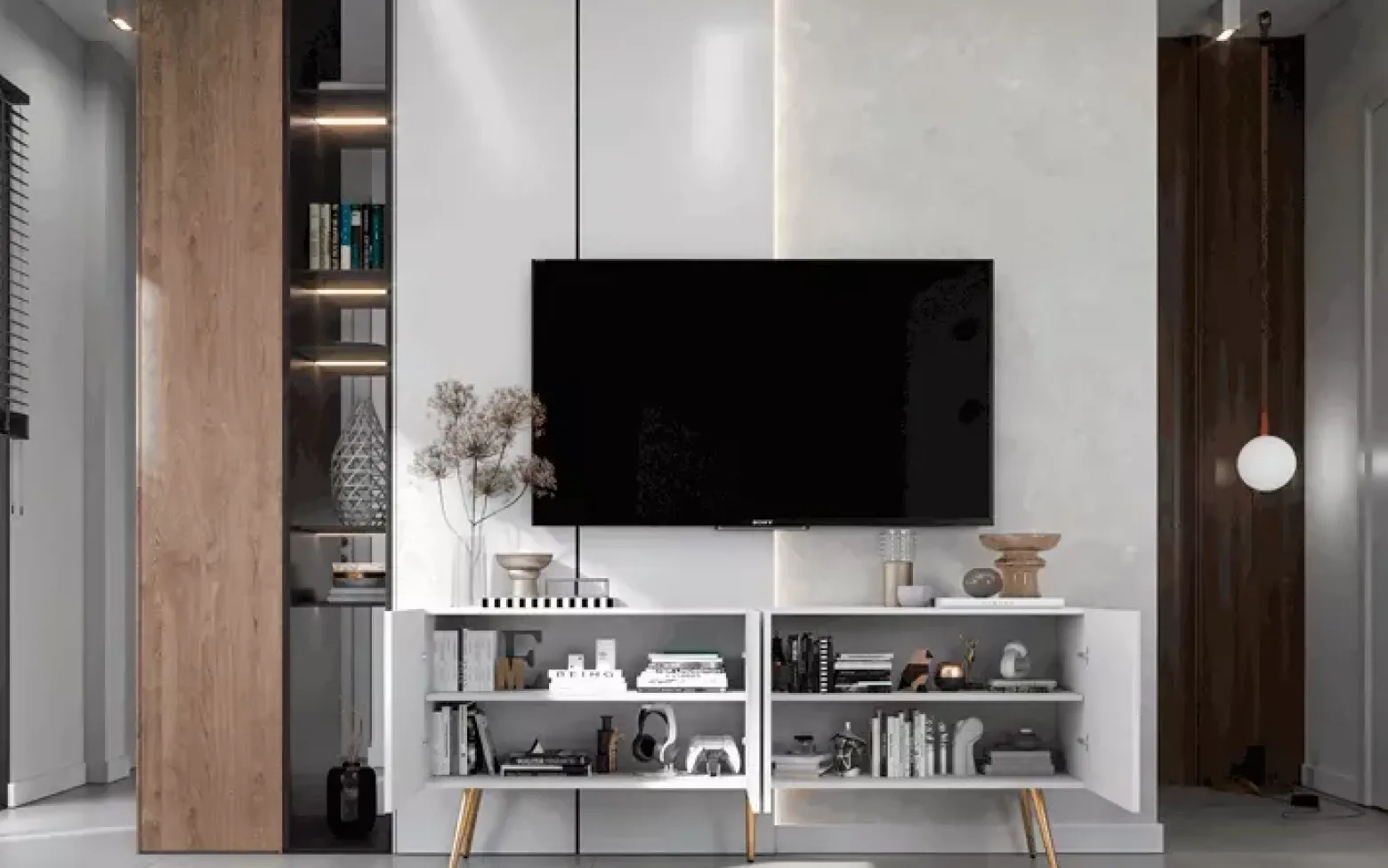 Biały stolik pod TV na złotych nóżkach - Lueno