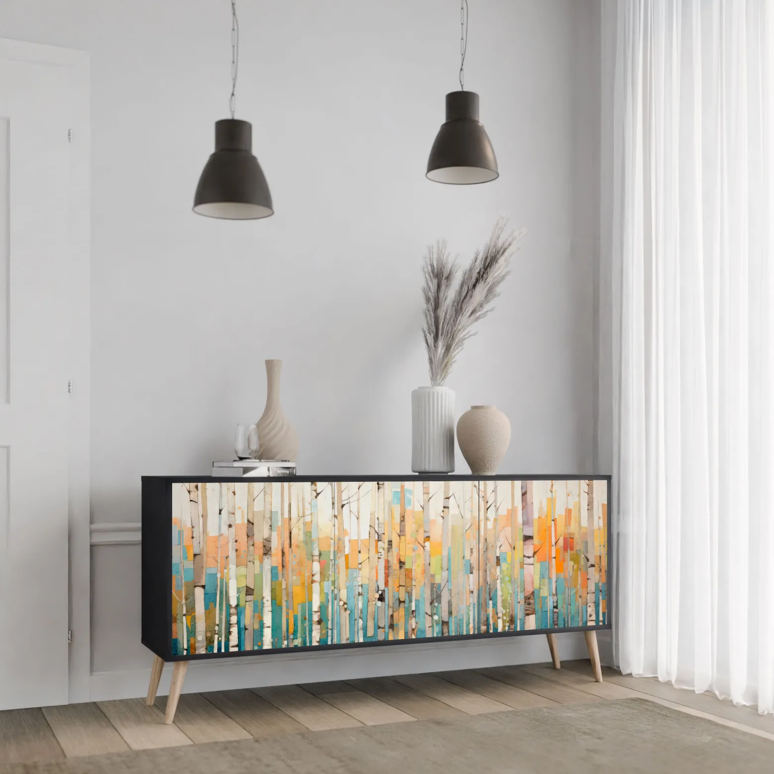 BIRCH KALEIDOSCOPE Komoda 3 drzwi Czarna-Bukowa skośna