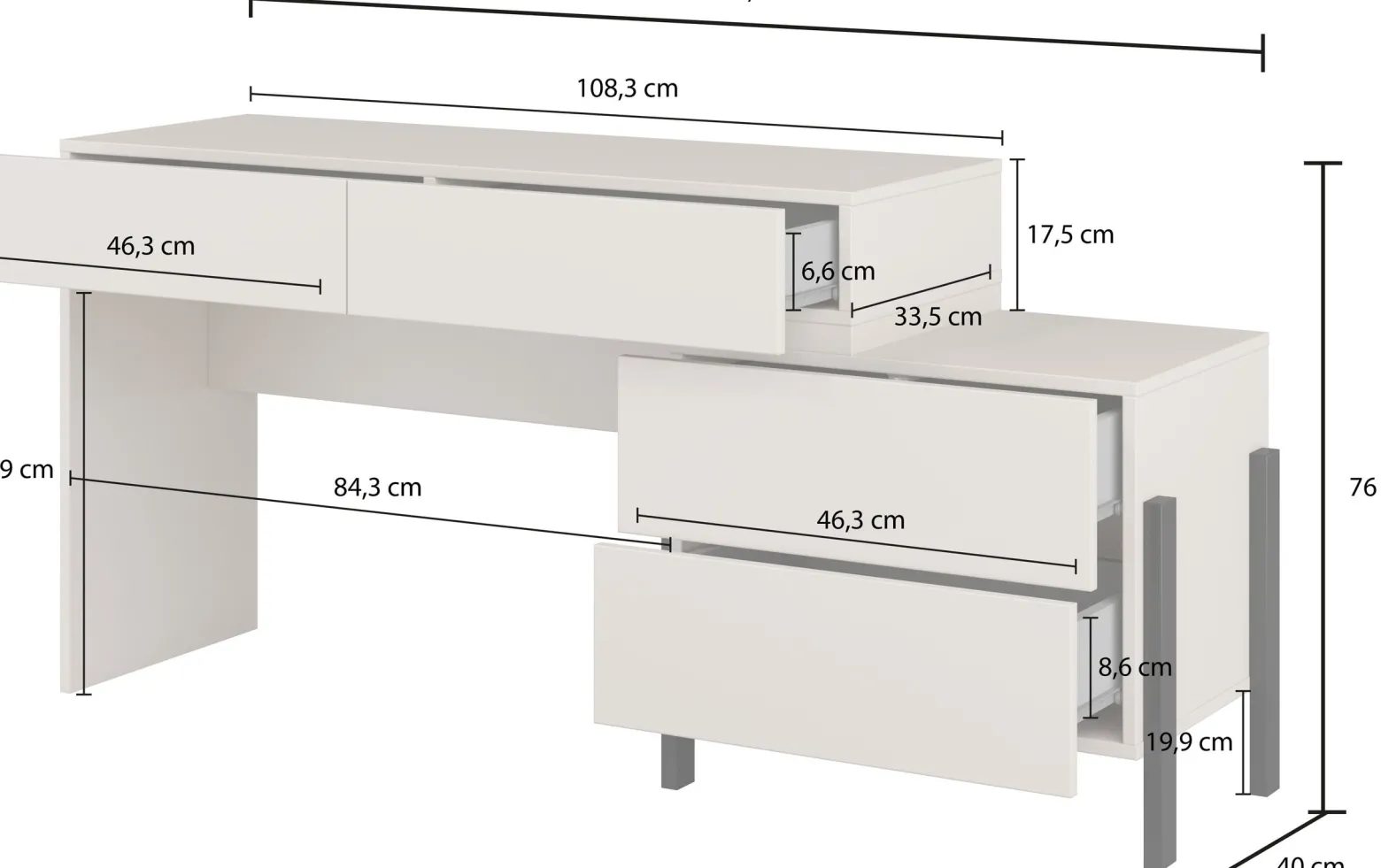 Biurko do sypialni 143 cm z szufladami kaszmir JUKON