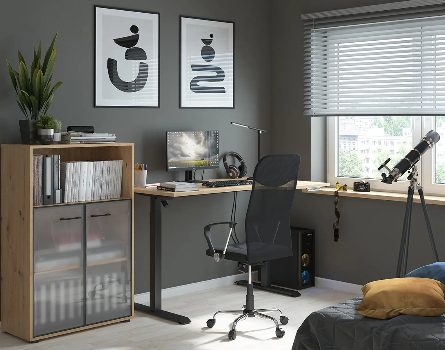Biurko narożne z elektryczną regulacją Space Office 140 cm lewe dąb artisan