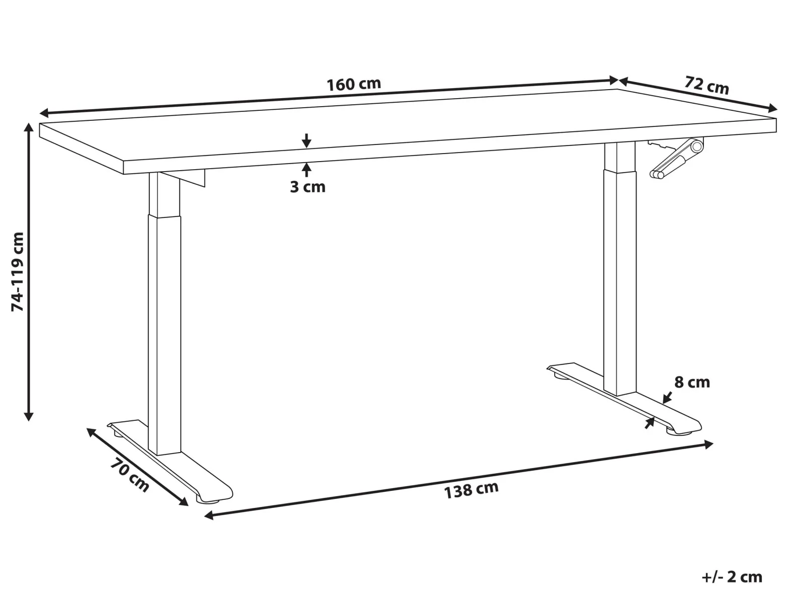 Biurko regulowane manualnie 160x72 cm biało-czarne