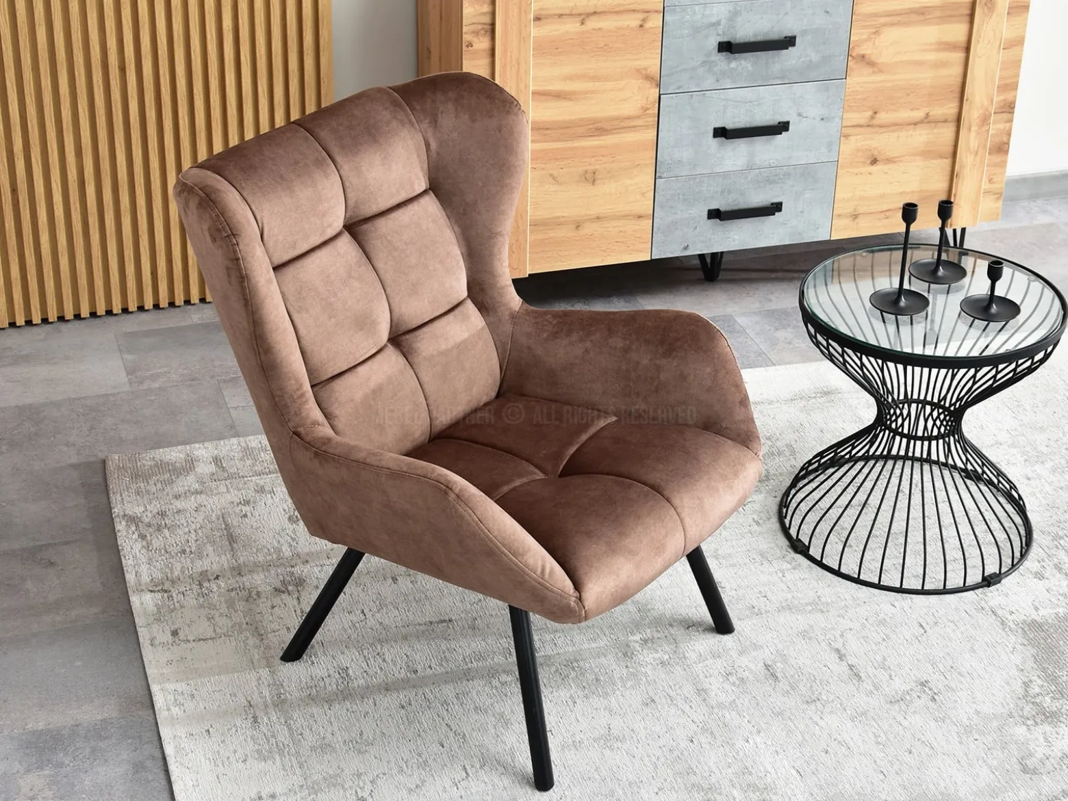 Brązowy Welurowy Uszak Noel Do Salonu W Stylu Modern