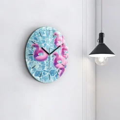 Ścienny Zegar szklany ozdobny Pontony flamingi fi30