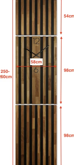 Dębowy panel ścienny Zegar w Lamelach 250x58cm