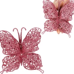Dekoracja świąteczna motyl brokatowy zawieszka różowa