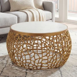 Designerski Metalowy Stolik Kawowy z Marmurowym Biały Złoty Okrągły 60cm
