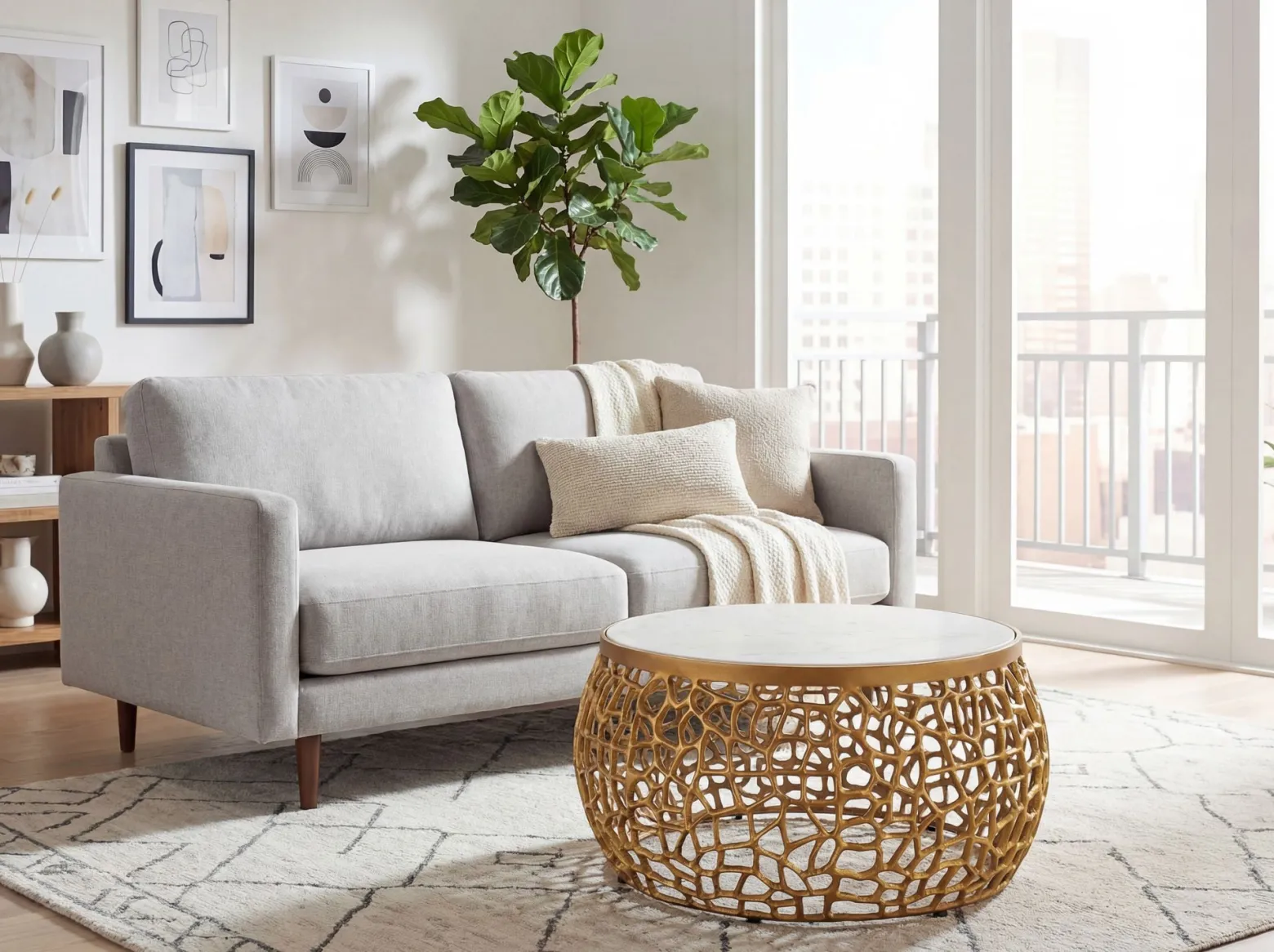 Designerski Metalowy Stolik Kawowy z Marmurowym Biały Złoty Okrągły 60cm