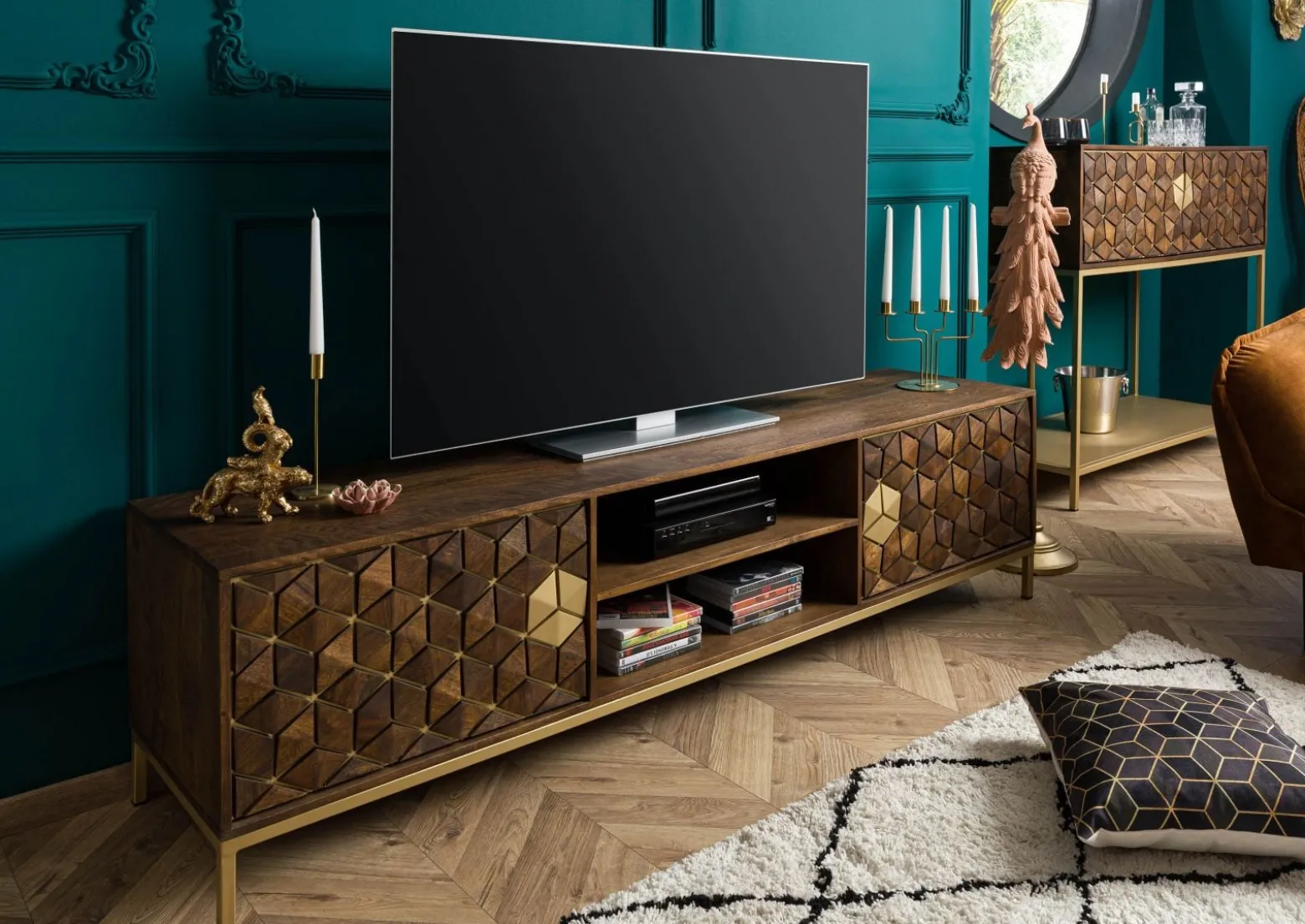 DIAMOND Szafka RTV #205 Mango olejowane + metal 190x45x50 cm