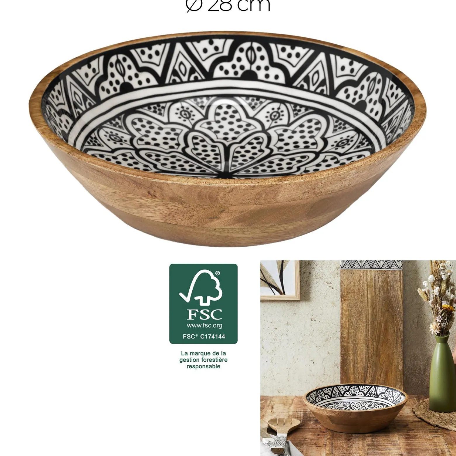 Drewniana misa Marrakesh czarno biała 28 cm dekoracyjna