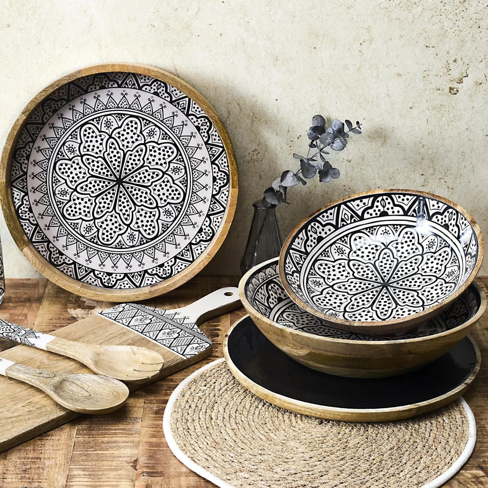 Drewniana misa Marrakesh czarno biała 28 cm dekoracyjna
