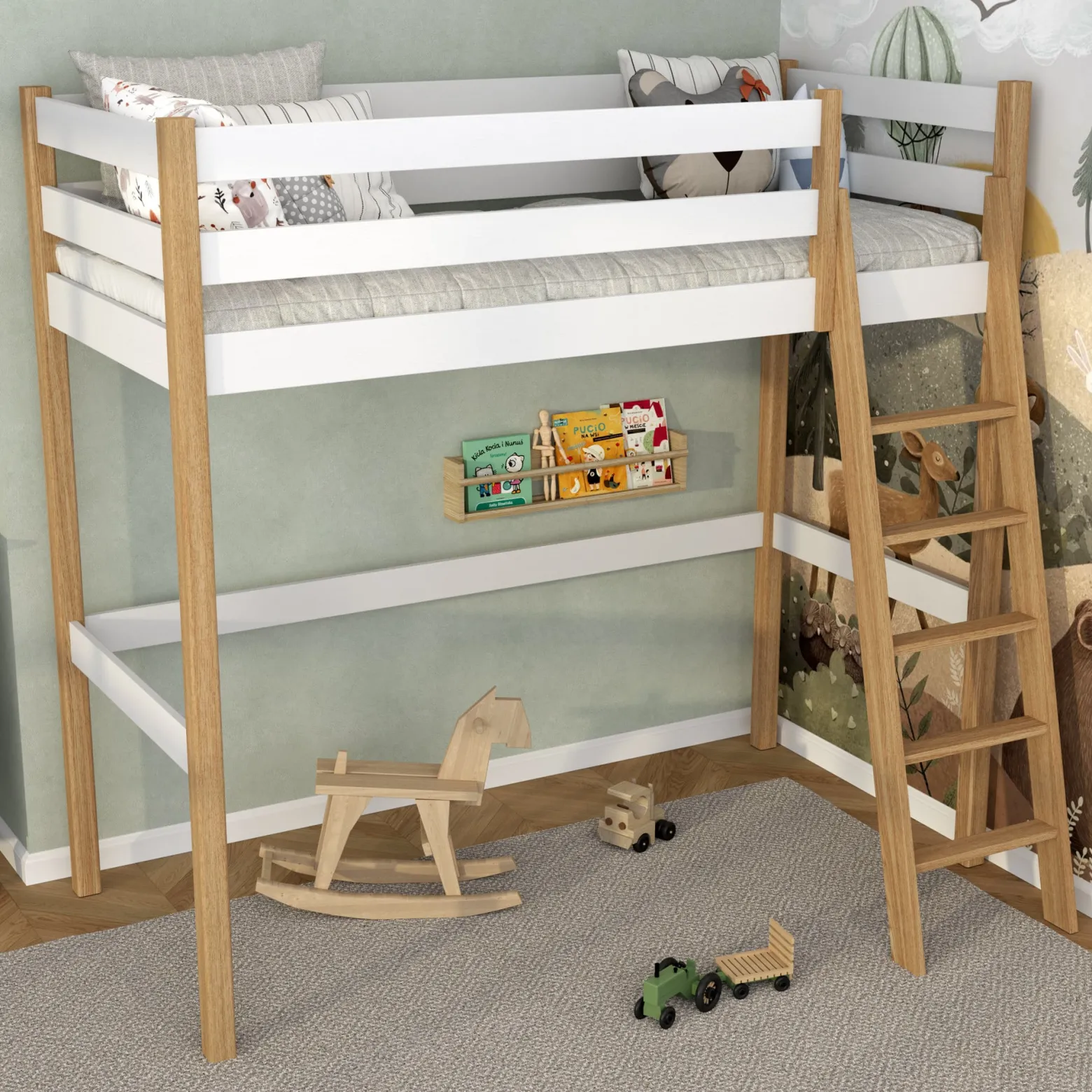 Drewniane łóżko na antresoli N03