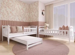 Drewniane łóżko piętrowe z szufladami i trzecim łóżkiem BLANKA 80x160 sosna