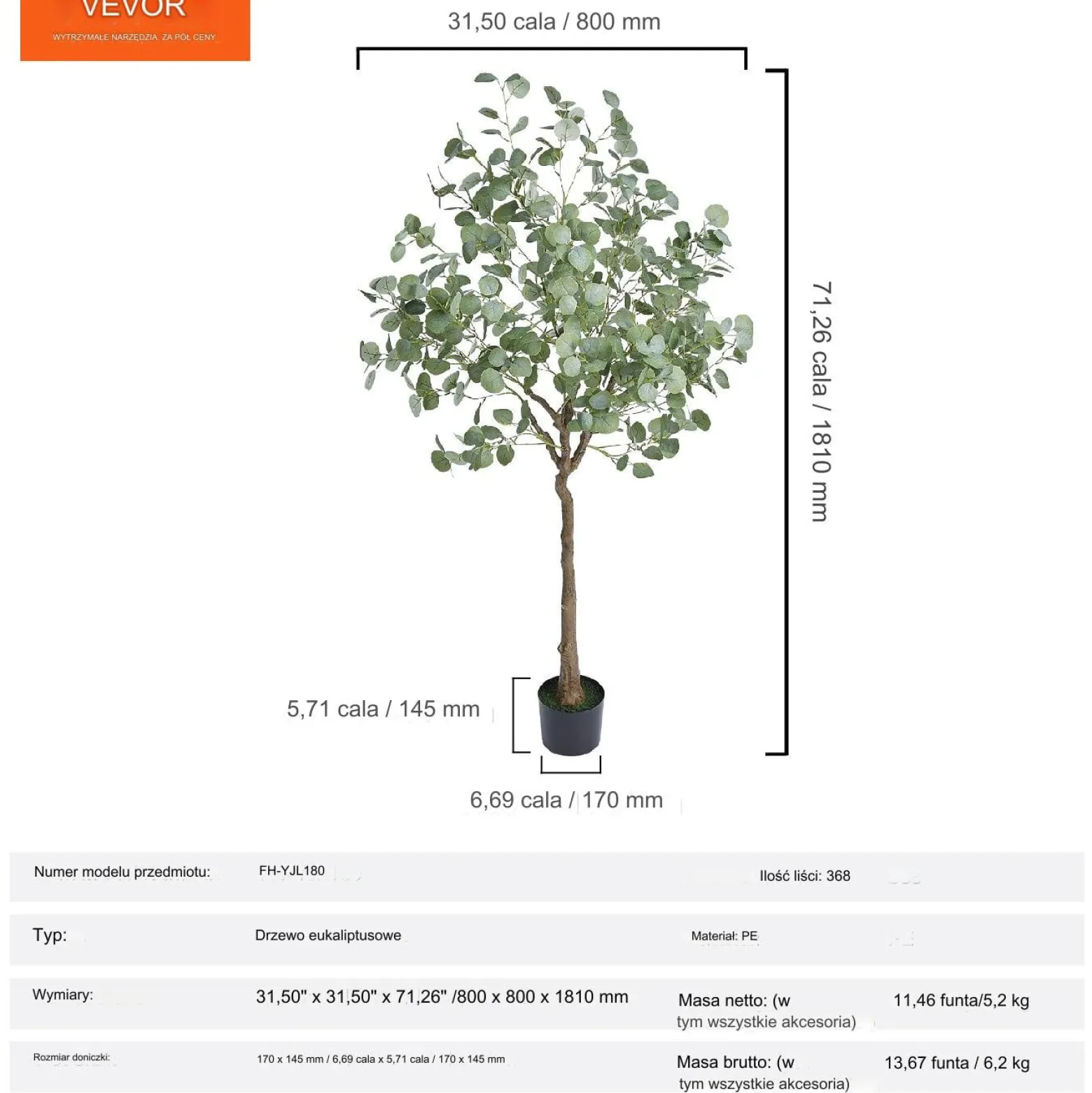 Drzewo eukaliptus sztuczne drzewko ozdobne 181 cm