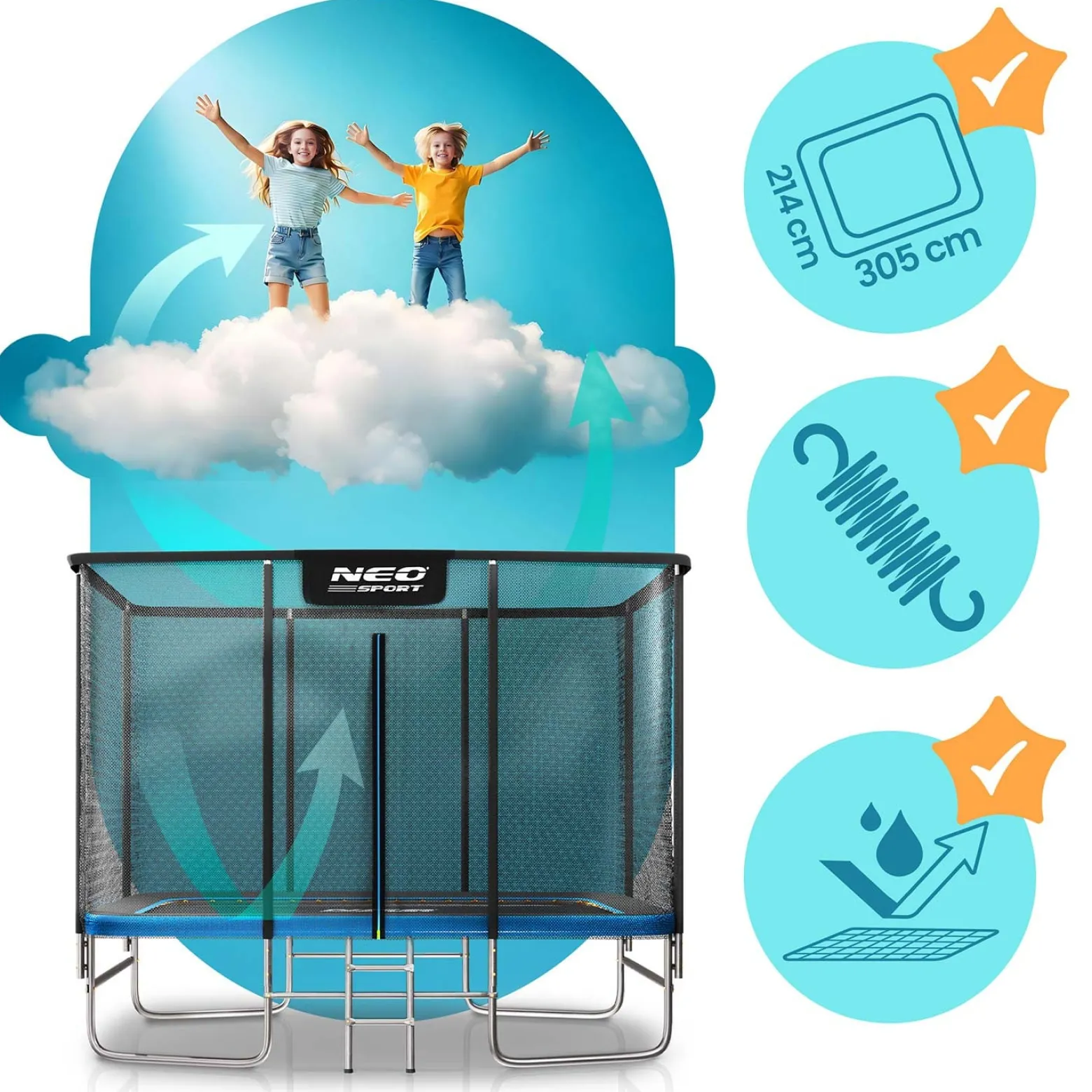 Duża trampolina ogrodowa Neo-sport prostokątna 305x213 cm 10x7ft bezpieczna
