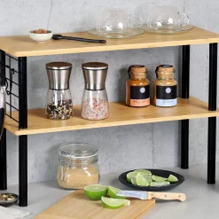 Dwupoziomowa półka kuchenna bambus metal loft z 3 haczykami 55x20x38 cm