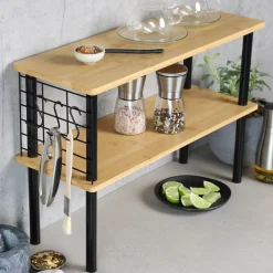 Dwupoziomowa półka kuchenna bambus metal loft z 3 haczykami 55x20x38 cm