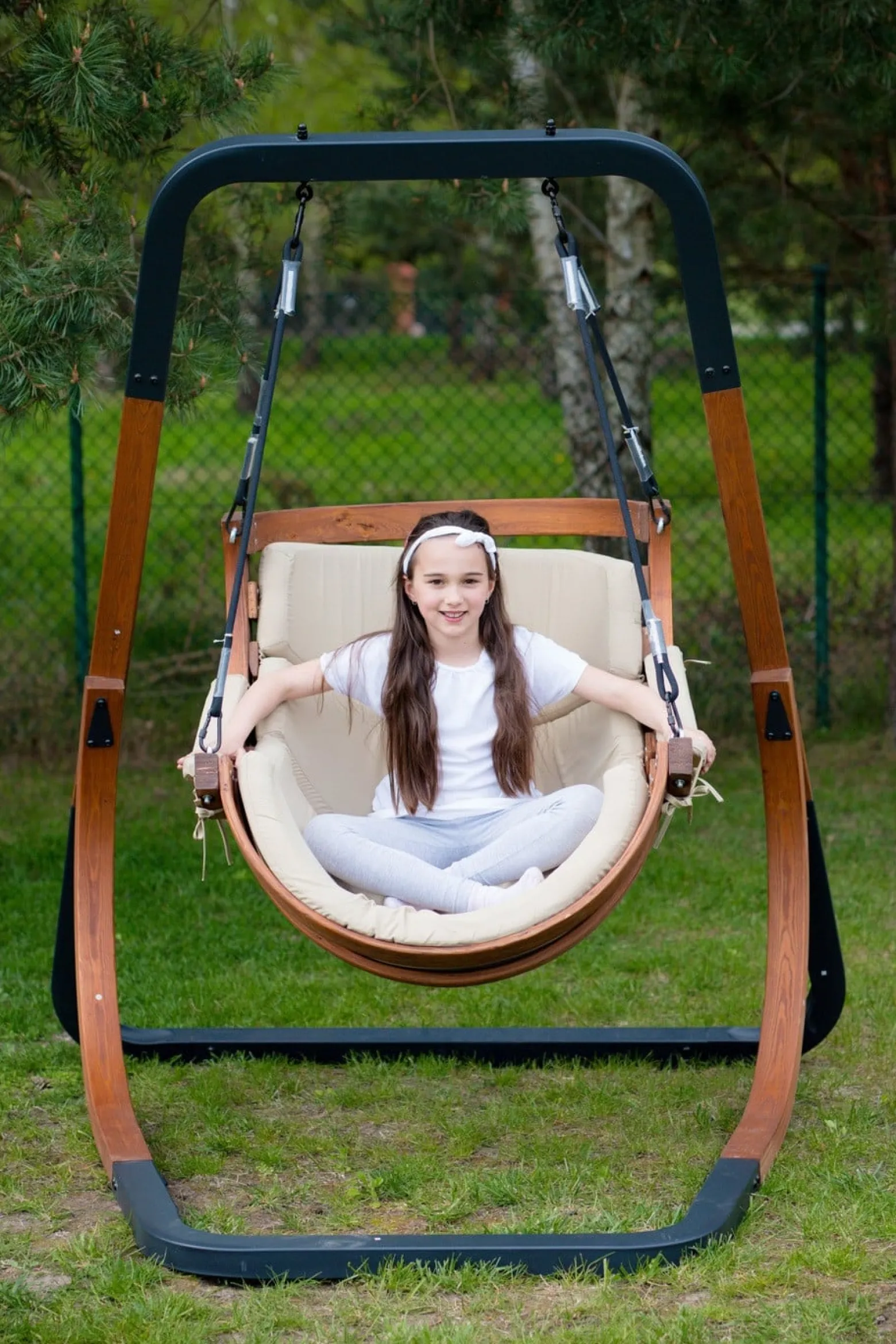 Ekskluzywny Słomkowy Fotel ALPHA Beż Bujak do Ogrodu Wiszące Krzesło Bujane
