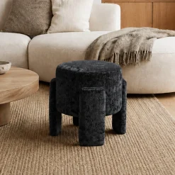 Elegancka okrągła pufa siedzisko podnóżek tapicerowana szenil Osaka czarny
