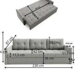 Elegancka sofa OLIVIA 230 cm z funkcją spania pikowana Zielona bonell