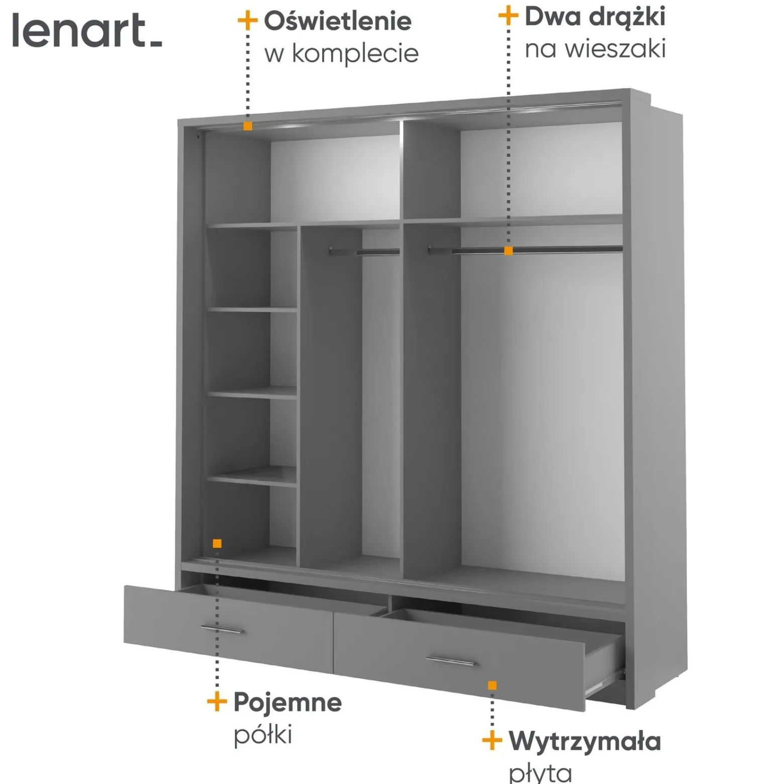 Elegancka szafa przesuwna ARTI dwudrzwiowa z lustrem + oświetlenie LED