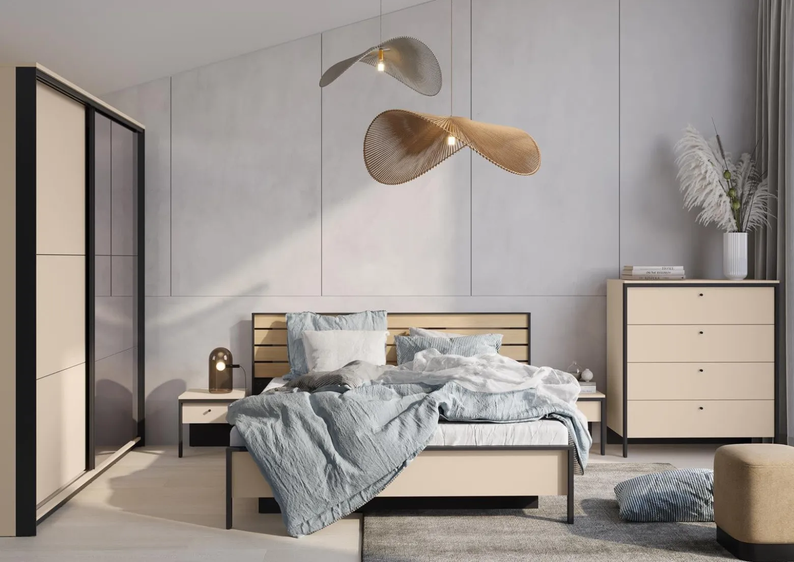 Elegancka szafa przesuwna beżowa 250 cm z dużym lustrem ELLA