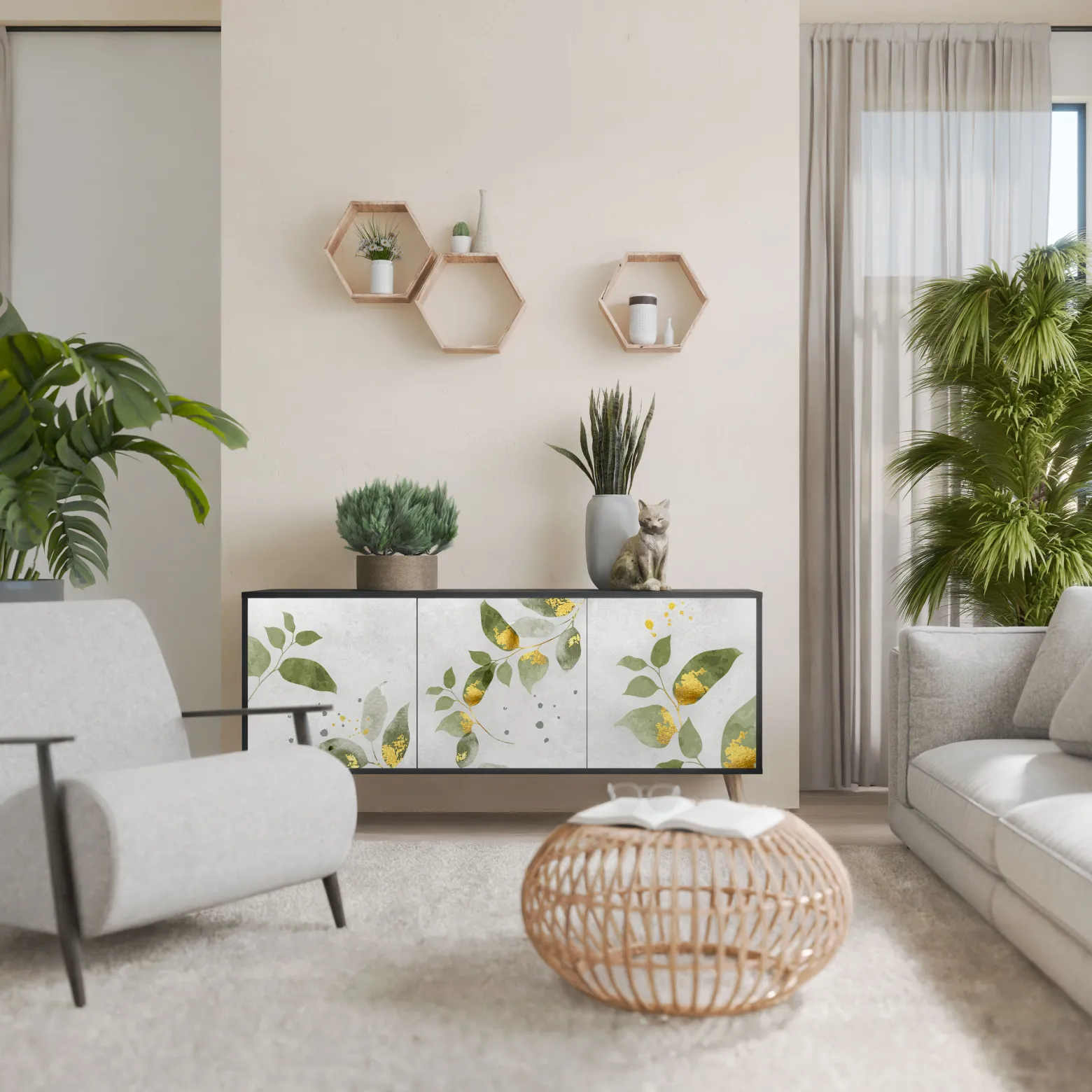 ELEGANT BOTANICS Komoda 3 drzwi Czarna-Bukowa skośna