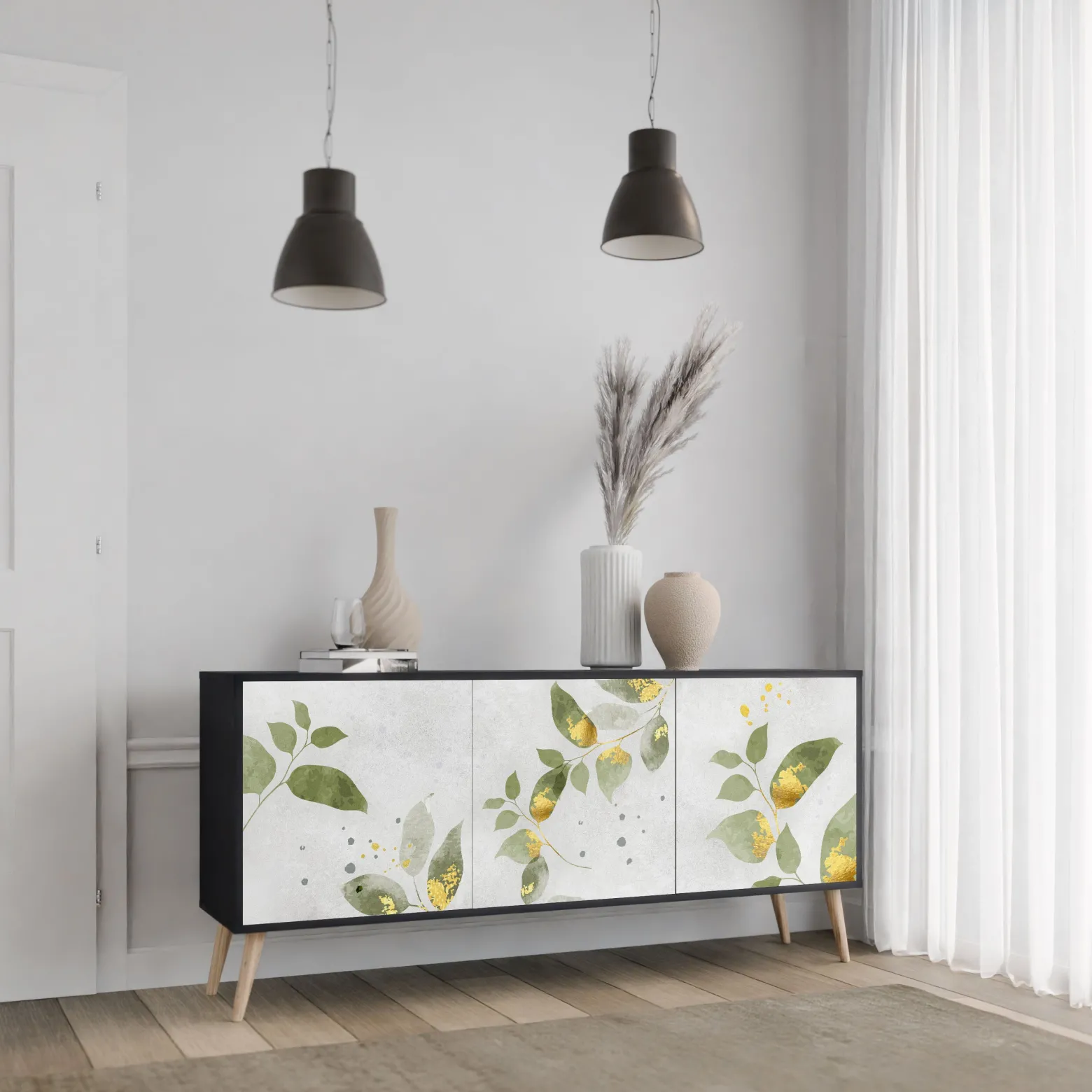 ELEGANT BOTANICS Komoda 3 drzwi Czarna-Bukowa skośna
