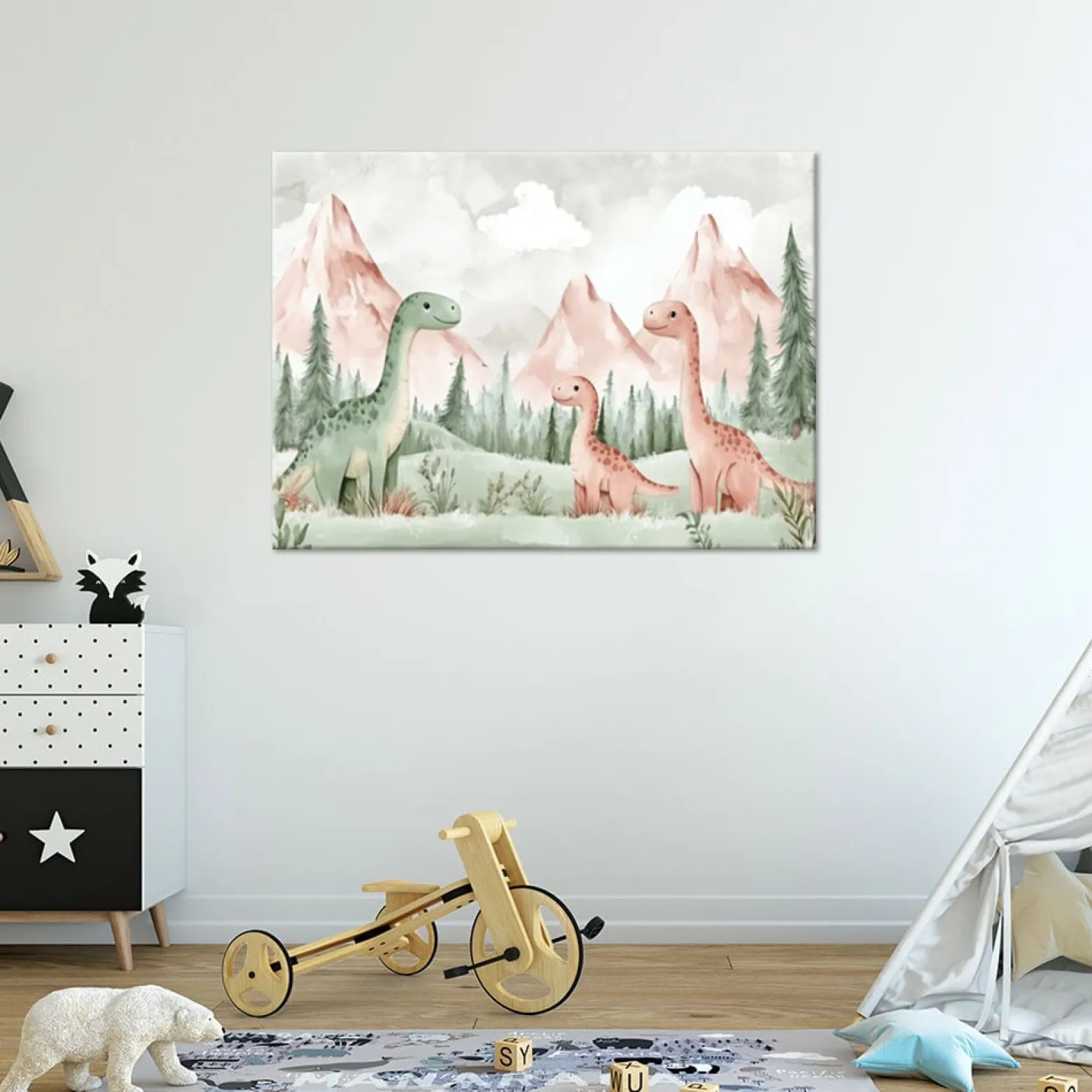 Feeby Obraz dla dzieci do pokoju, Dinozaury Góry Las Zielony 60x40