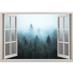 Feeby Obraz na płótnie, Okno widok Las we mgle natura 60x40