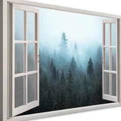 Feeby Obraz na płótnie, Okno widok Las we mgle natura 60x40